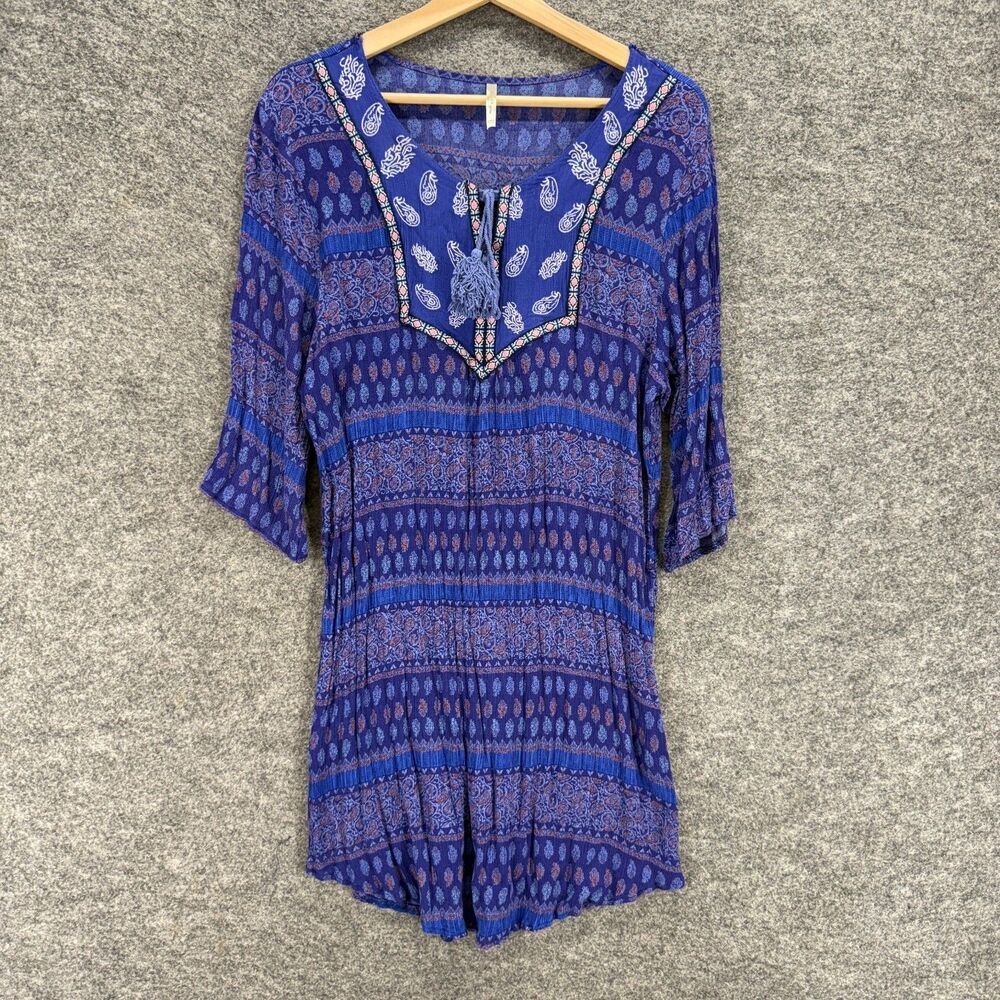 Boutique Tunic Top Women One Size Blue Striped 3/4 Sleeve Tasseled Rayon Casual